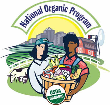 Image containing national organic program banner, farm scene, and two people holding a basket of food with the USDA Organic seal on the basket.